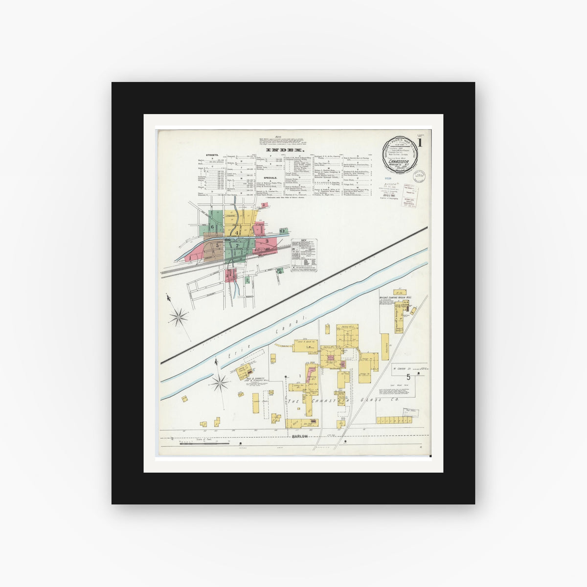 Old map wall art mockup — black gallery frame with white mat — Sanborn Fire Insurance Map from Canastota, Madison County, New York (1900), Sheet #0001