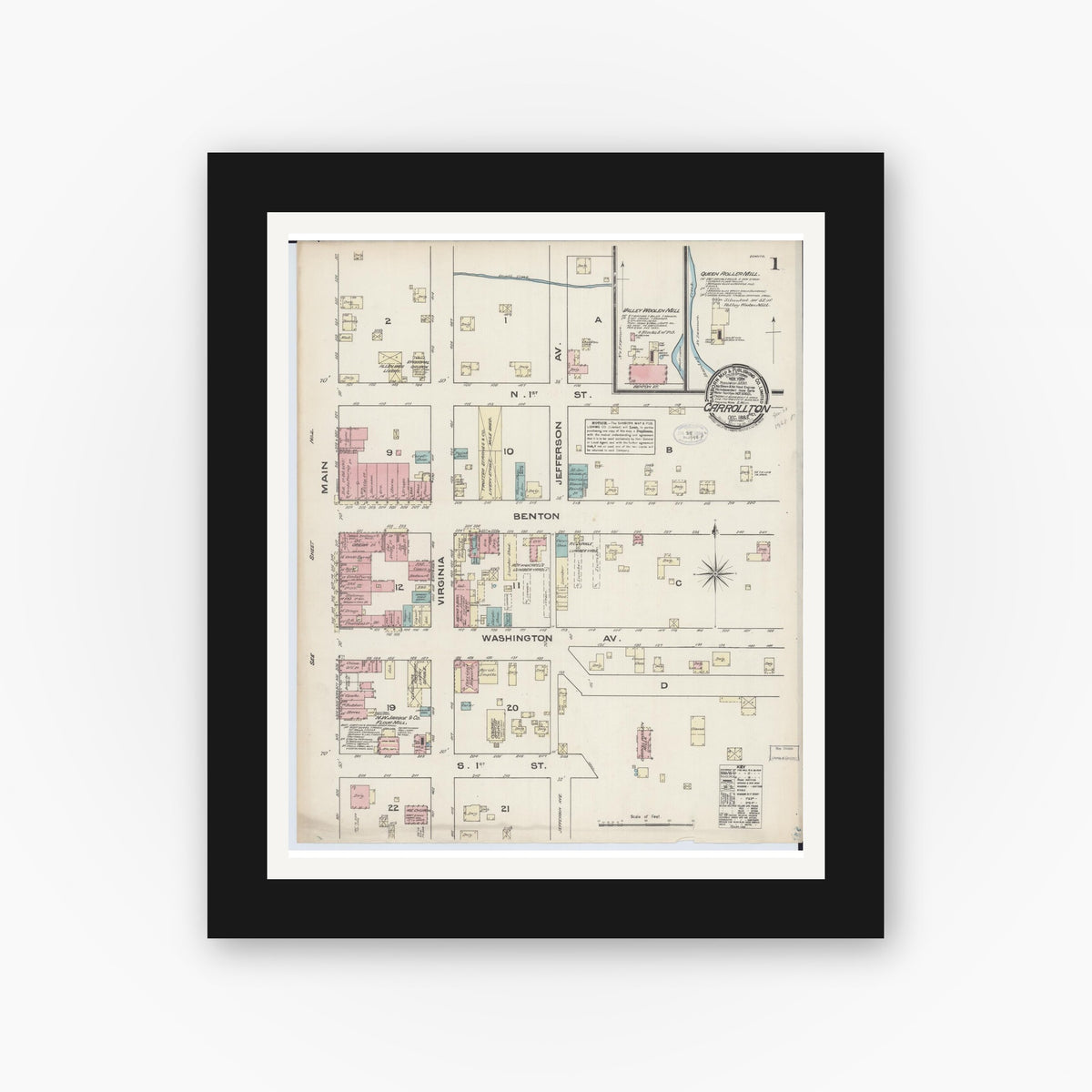 Old map wall art mockup — black gallery frame with white mat — Sanborn Fire Insurance Map from Carrollton, Carroll County, Missouri (1883) - Complete Map Set