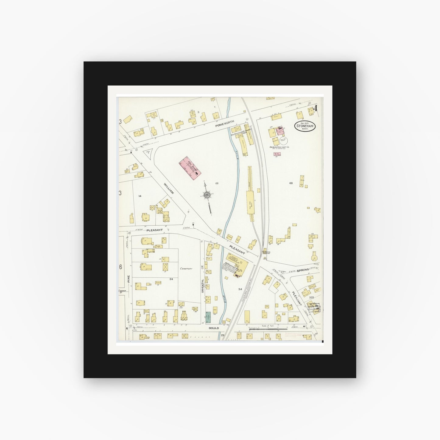Old map wall art mockup — black gallery frame with white mat — Sanborn Fire Insurance Map from Stoneham, Middlesex County, Massachusetts (1909), Sheet #0004