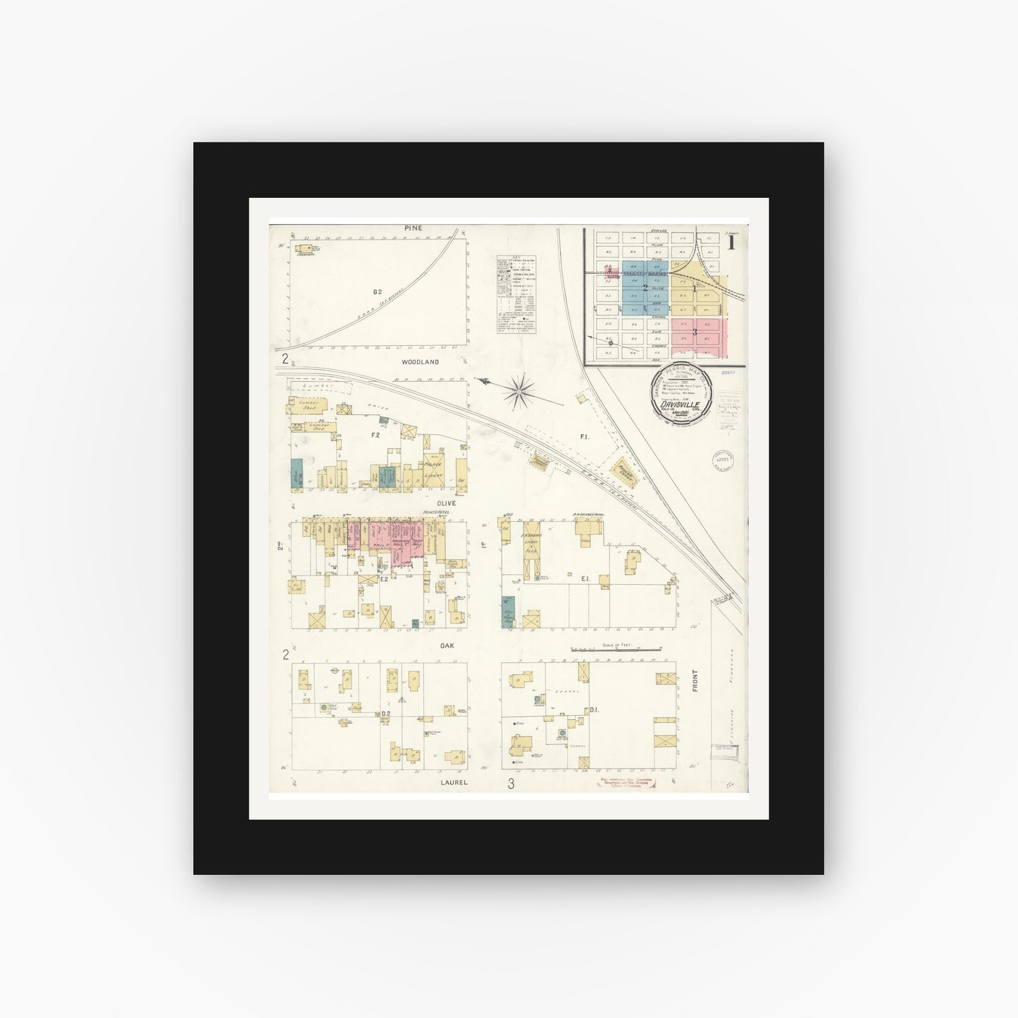 Old map wall art mockup — black gallery frame with white mat — Sanborn Fire Insurance Map from Davis, Yolo County, California (1900) - Complete Map Set