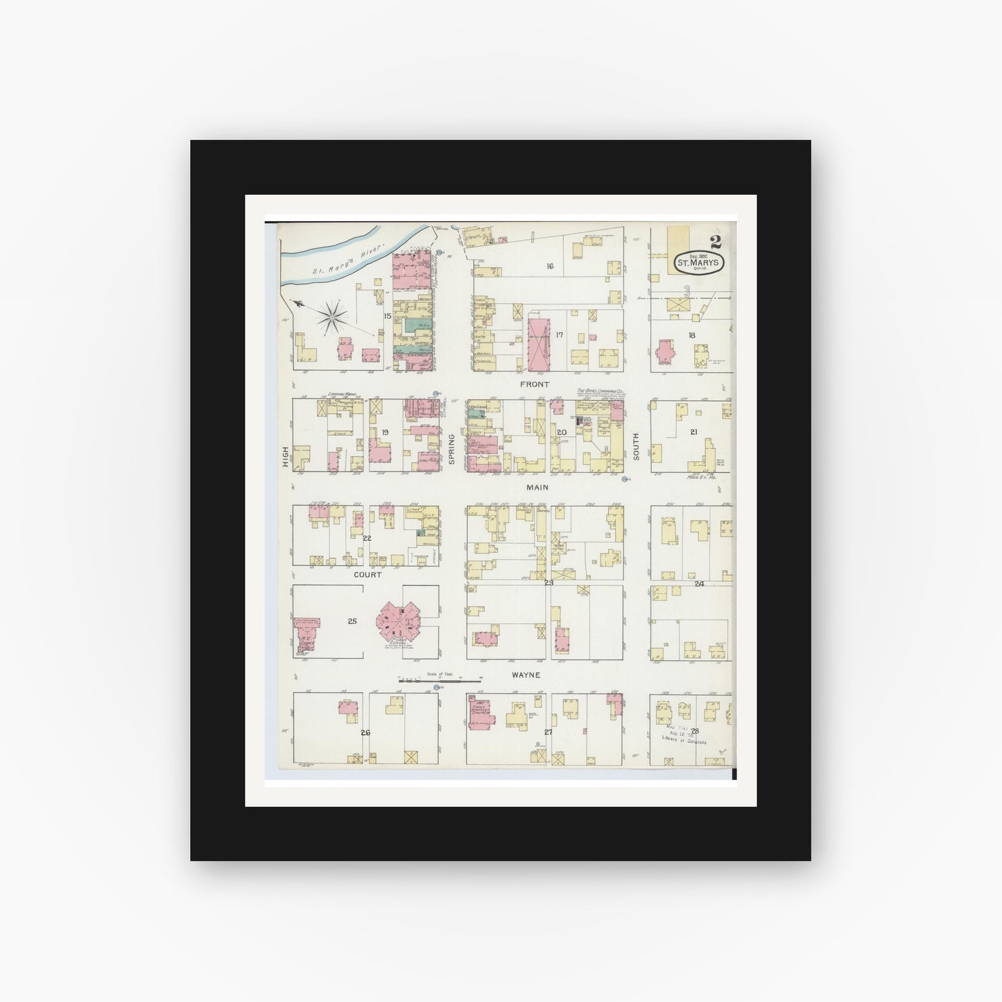 Old map wall art mockup — black gallery frame with white mat — Sanborn Fire Insurance Map from Saint Marys, Auglaize County, Ohio (1892), Sheet #0002