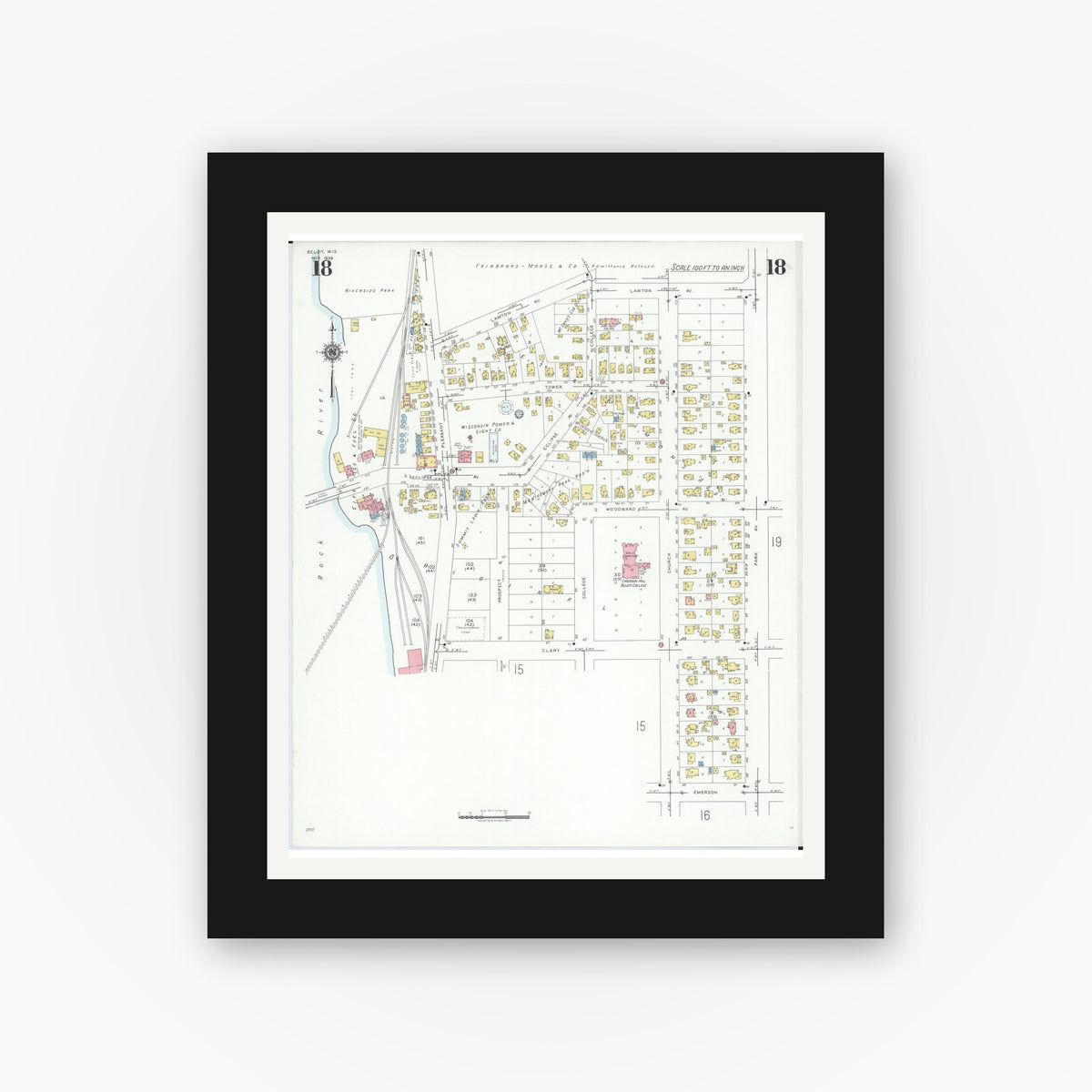 Old map wall art mockup — black gallery frame with white mat — Sanborn Fire Insurance Map from Beloit, Rock County, Wisconsin (1939), Sheet #0018