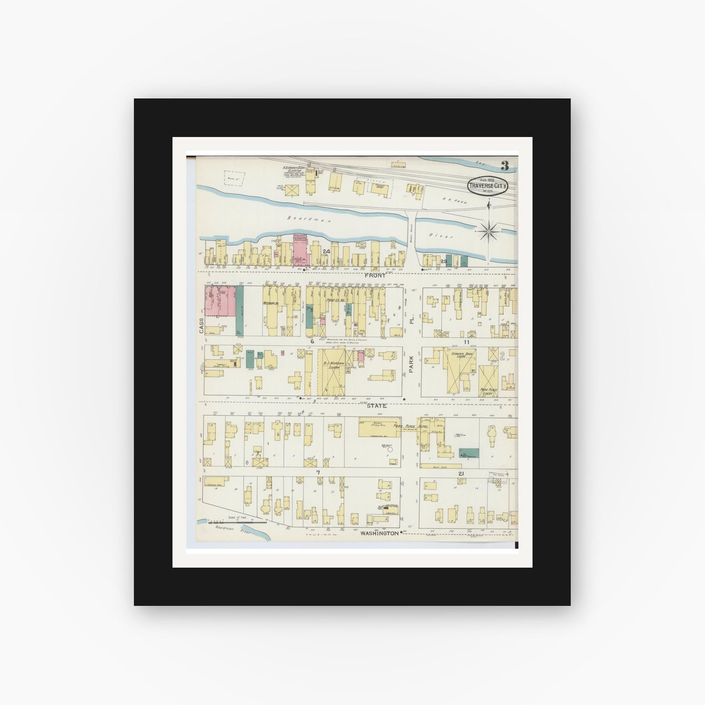 Old map wall art mockup — black gallery frame with white mat — Sanborn Fire Insurance Map from Traverse City, Grand Traverse County, Michigan (1893), Sheet #0003