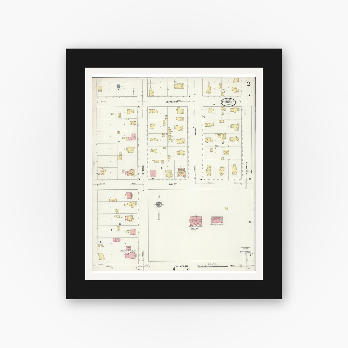 Old map wall art mockup — black gallery frame with white mat — Sanborn Fire Insurance Map from Elkhorn, Walworth County, Wisconsin (1911), Sheet #0002
