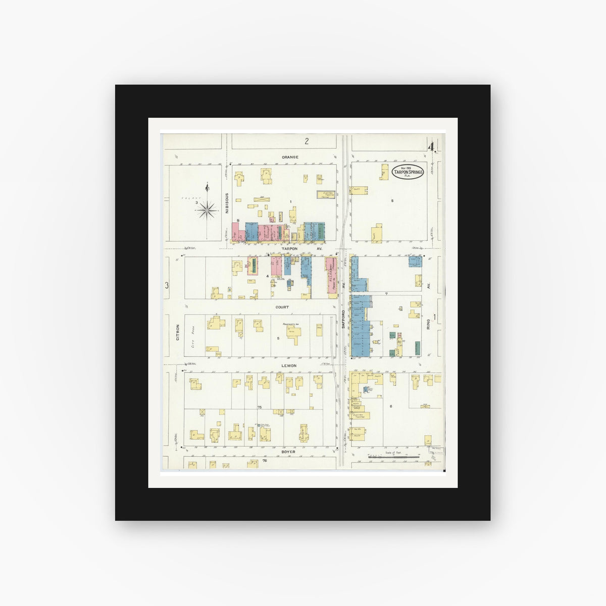 Old map wall art mockup — black gallery frame with white mat — Sanborn Fire Insurance Map from Tarpon Springs, Pinellas County, Florida (1909), Sheet #0004
