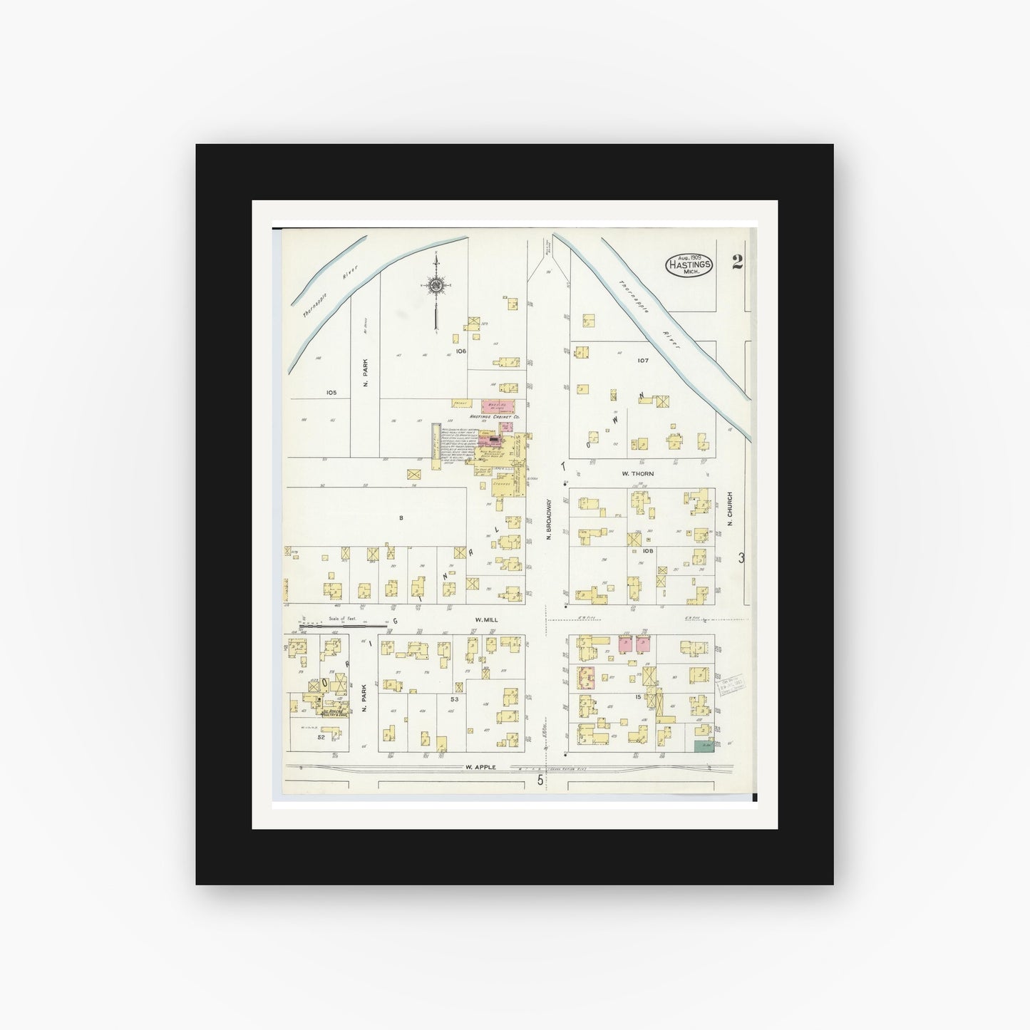 Old map wall art mockup — black gallery frame with white mat — Sanborn Fire Insurance Map from Hastings, Barry County, Michigan (1909), Sheet #0002