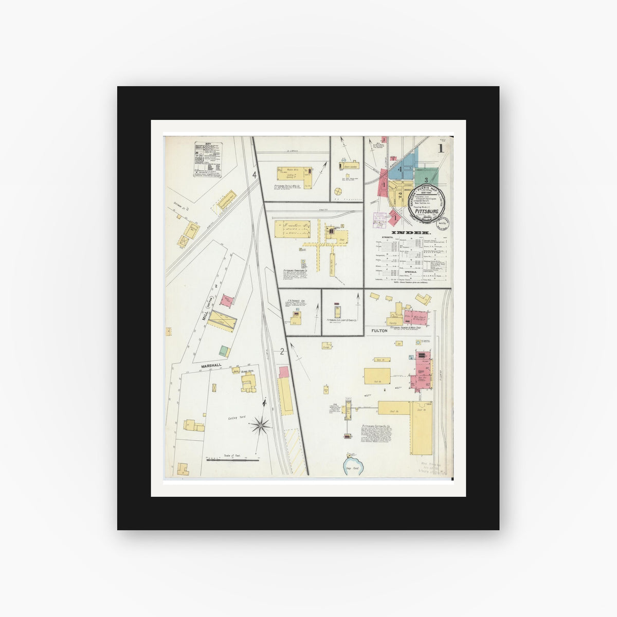 Old map wall art mockup — black gallery frame with white mat — Sanborn Fire Insurance Map from Pittsburg, Camp County, Texas (1901), Sheet #0001