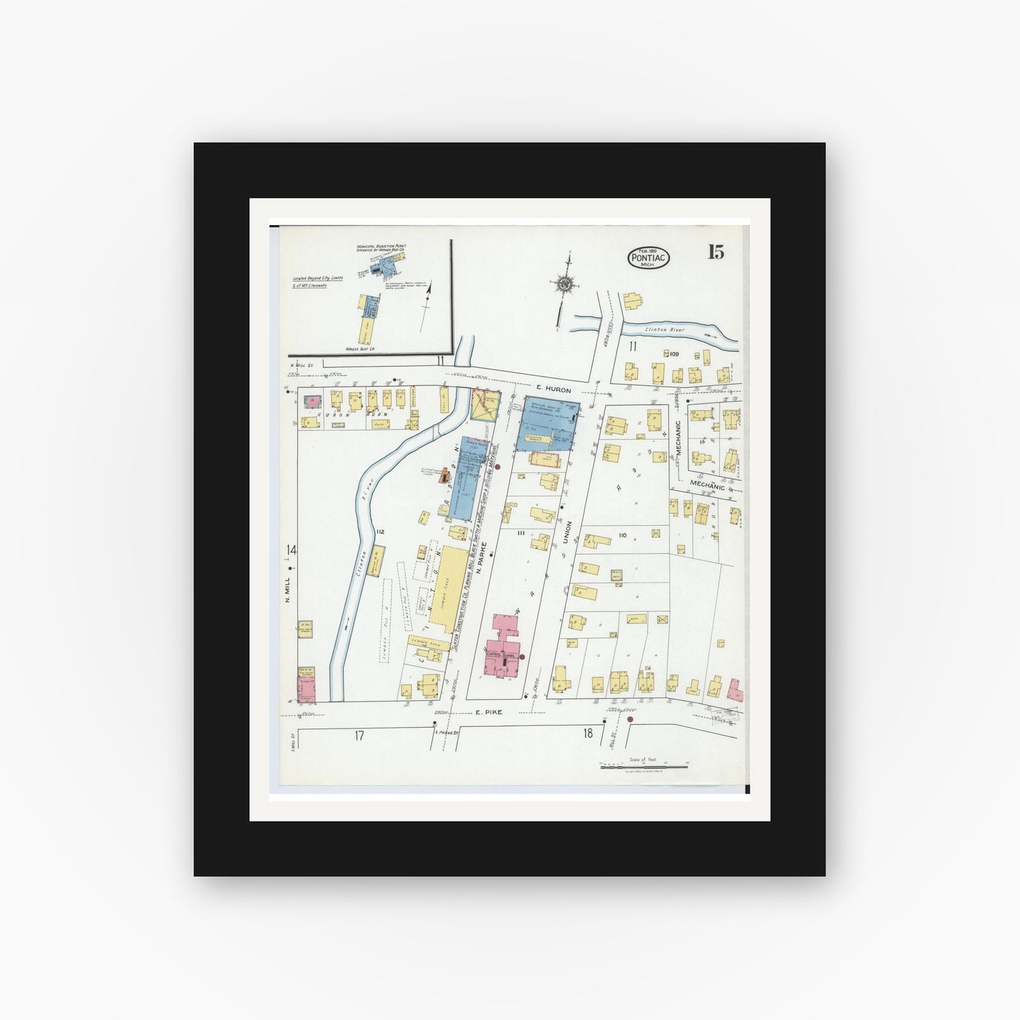 Old map wall art mockup — black gallery frame with white mat — Sanborn Fire Insurance Map from Pontiac, Oakland County, Michigan (1919), Sheet #0015