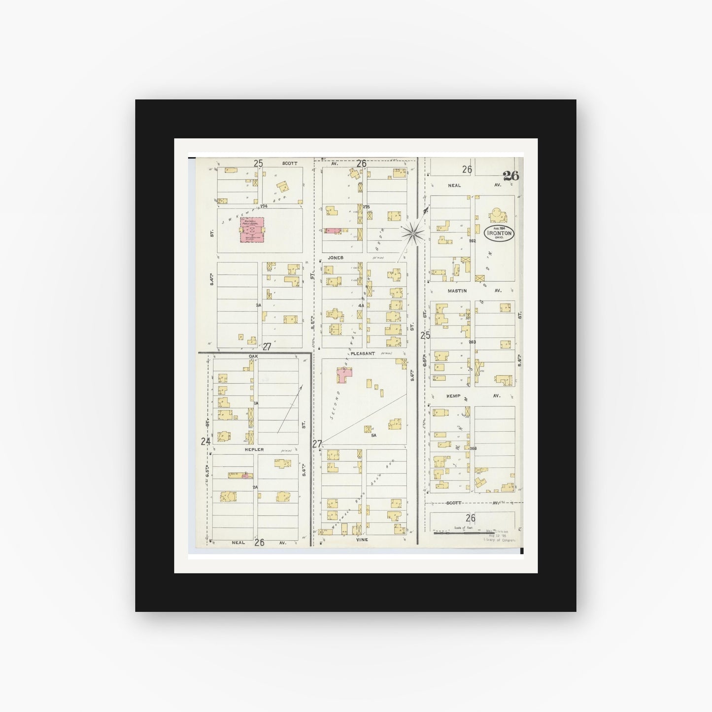 Old map wall art mockup — black gallery frame with white mat — Sanborn Fire Insurance Map from Ironton, Lawrence County, Ohio (1904), Sheet #0026