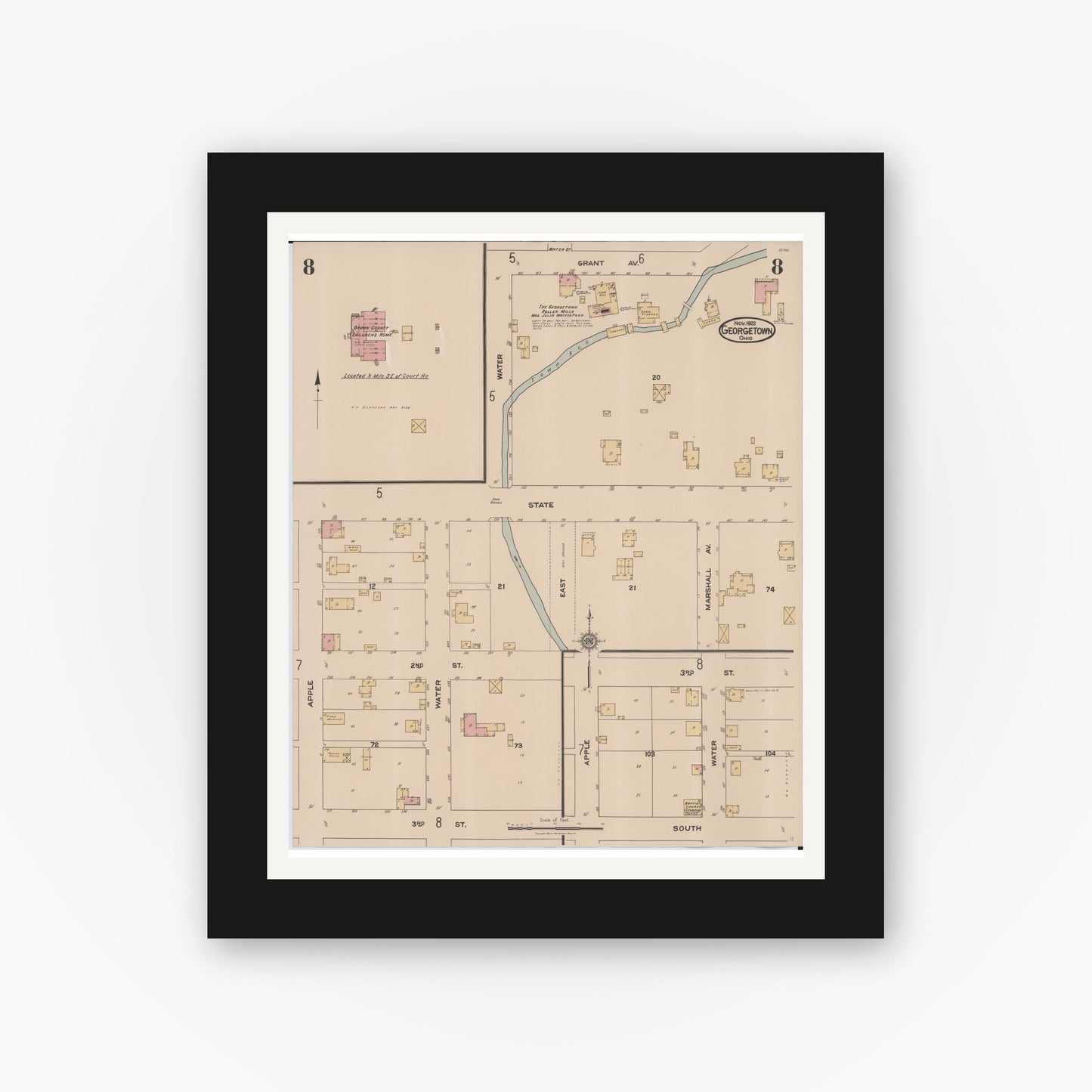 Old map wall art mockup — black gallery frame with white mat — Sanborn Fire Insurance Map from Georgetown, Brown County, Ohio (1922), Sheet #0008
