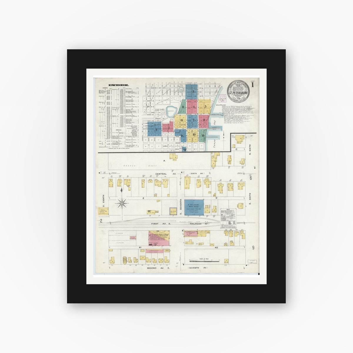 Old map wall art mockup — black gallery frame with white mat — Sanborn Fire Insurance Map from Saint Petersburg, Pinellas County, Florida (1908) - Complete Map Set