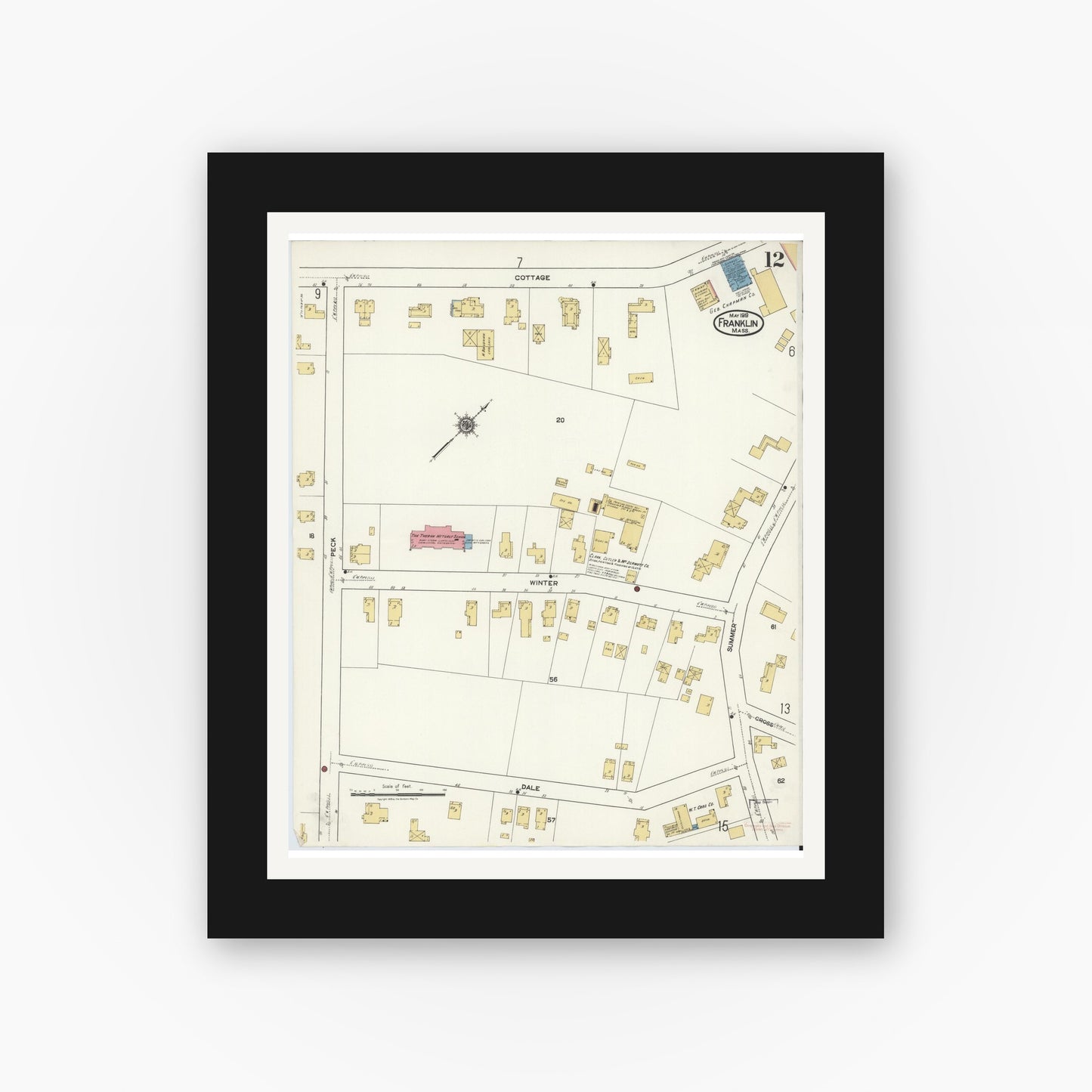 Old map wall art mockup — black gallery frame with white mat — Sanborn Fire Insurance Map from Franklin, Norfolk County, Massachusetts (1919), Sheet #0012