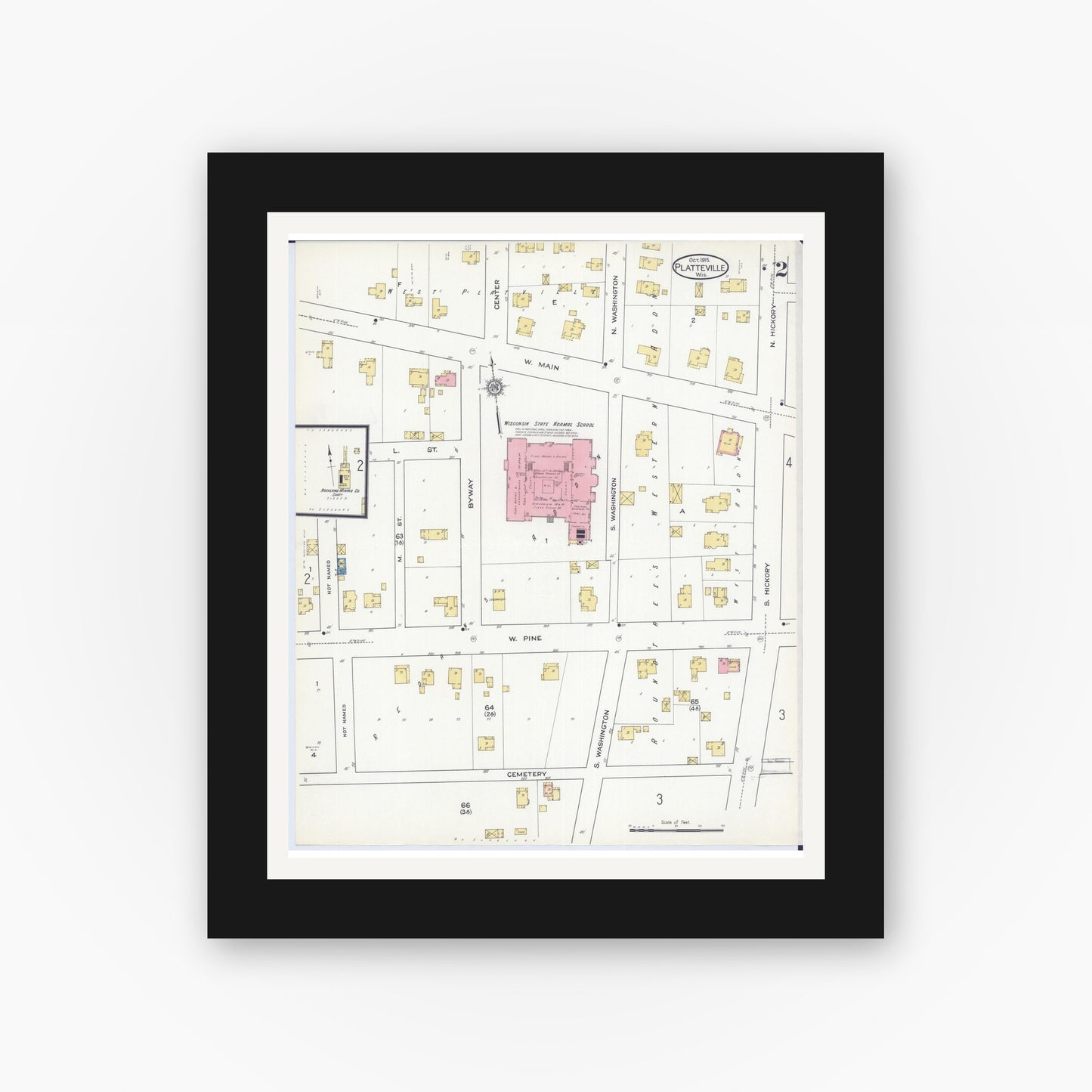 Old map wall art mockup — black gallery frame with white mat — Sanborn Fire Insurance Map from Platteville, Grant County, Wisconsin (1915), Sheet #0002