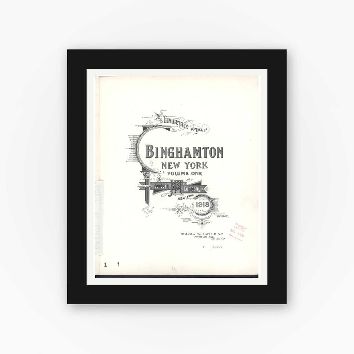 Old map wall art mockup — black gallery frame with white mat — Sanborn Fire Insurance Map from Binghamton, Broome County, New York (1952), Sheet #0001