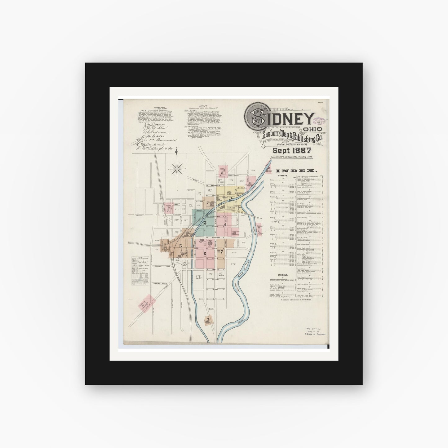 Old map wall art mockup — black gallery frame with white mat — Sanborn Fire Insurance Map from Sidney, Shelby County, Ohio (1887), Sheet #0001
