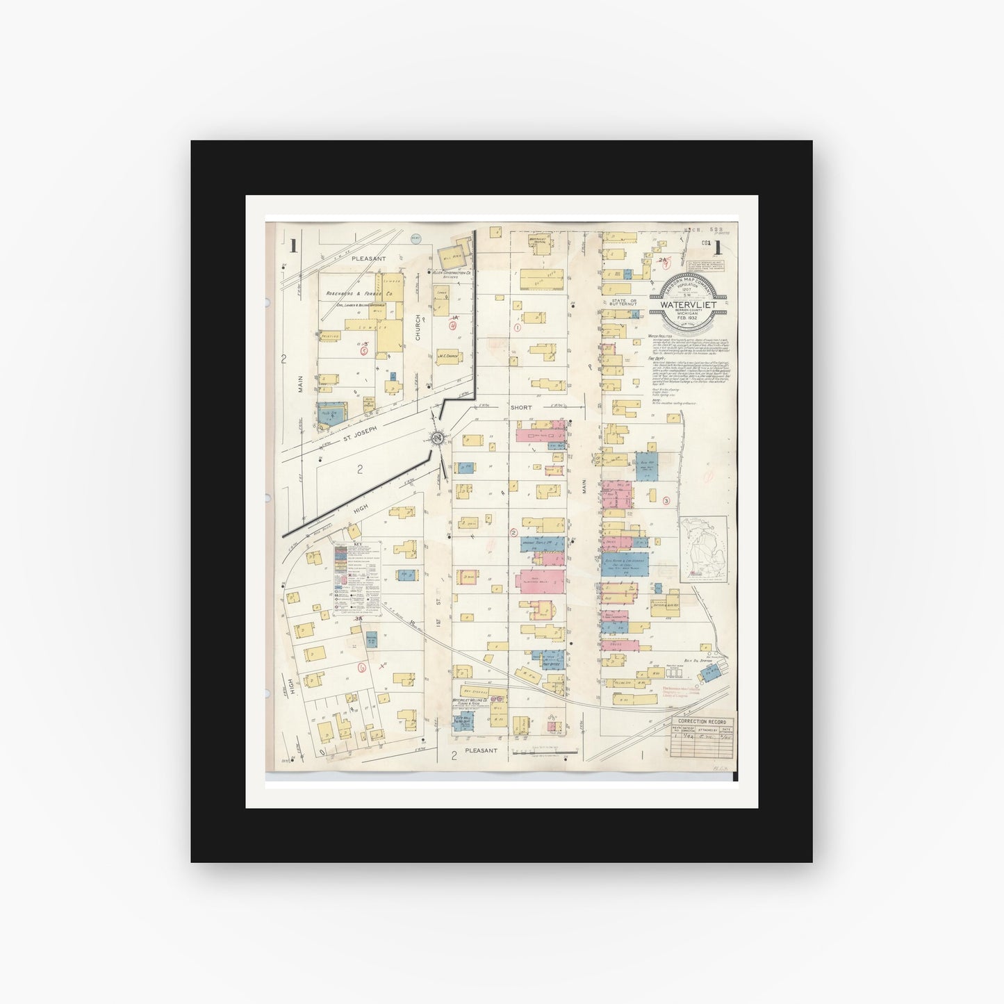 Old map wall art mockup — black gallery frame with white mat — Sanborn Fire Insurance Map from Watervliet, Berrien County, Michigan (1942), Sheet #0001
