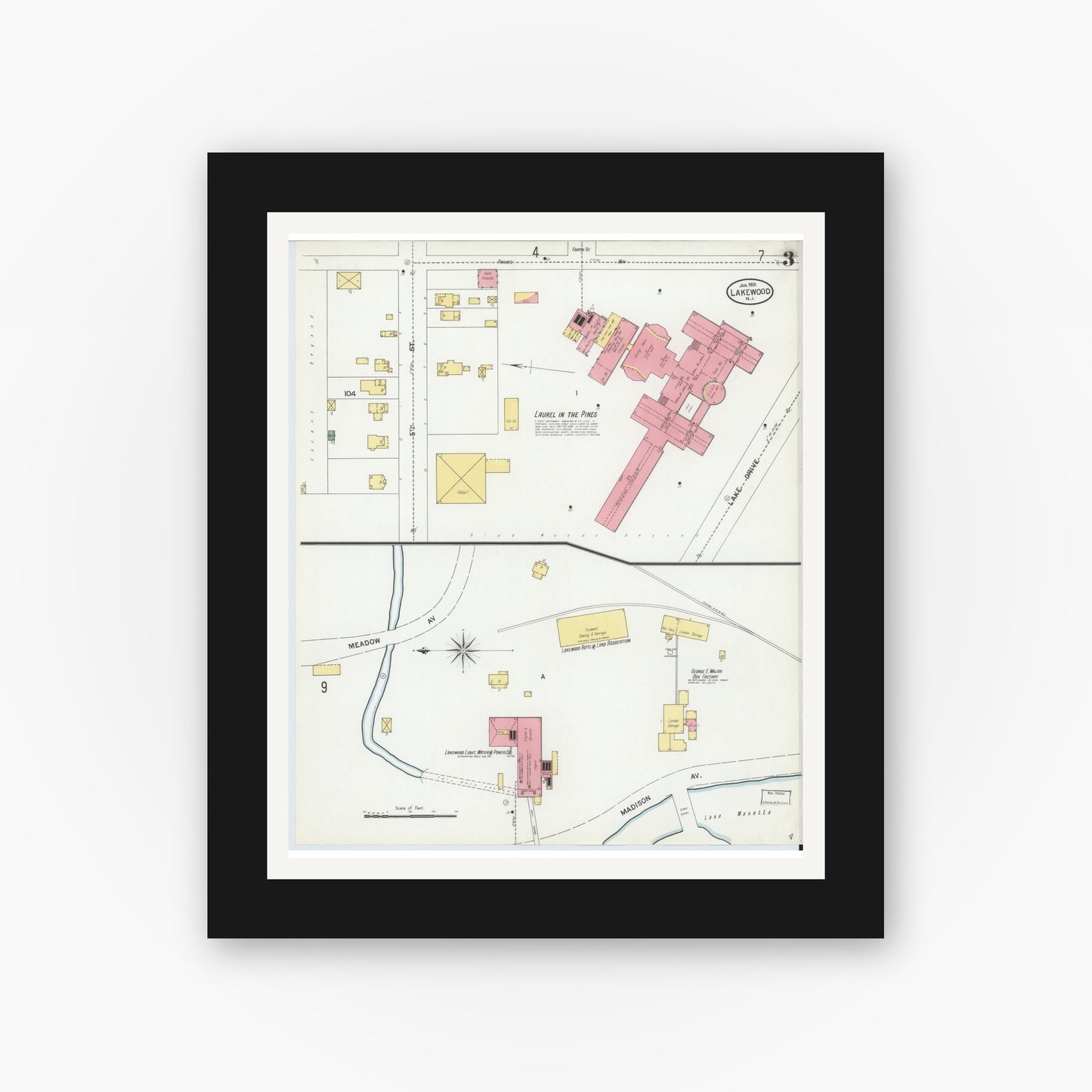 Old map wall art mockup — black gallery frame with white mat — Sanborn Fire Insurance Map from Lakewood, Ocean County, New Jersey (1901), Sheet #0003
