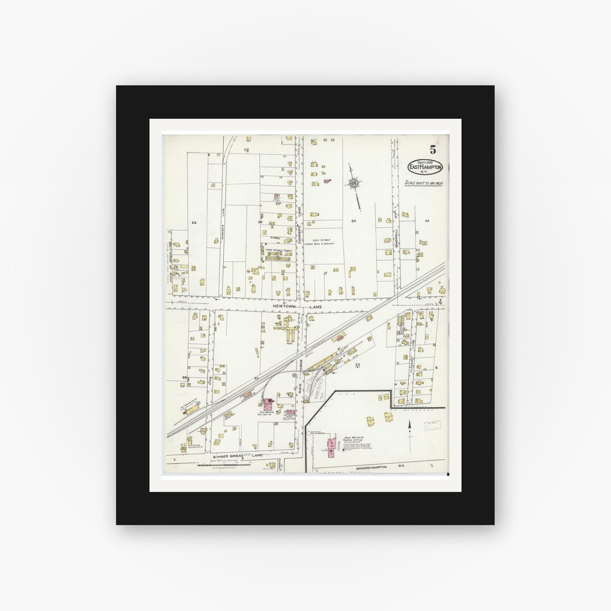 Old map wall art mockup — black gallery frame with white mat — Sanborn Fire Insurance Map from Easthampton, Suffolk County, New York (1920), Sheet #0005