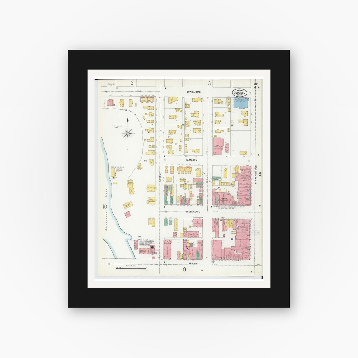 Old map wall art mockup β black gallery frame with white mat β Sanborn Fire Insurance Map from Owosso, Shiawassee County, Michigan (1900), Sheet #0007