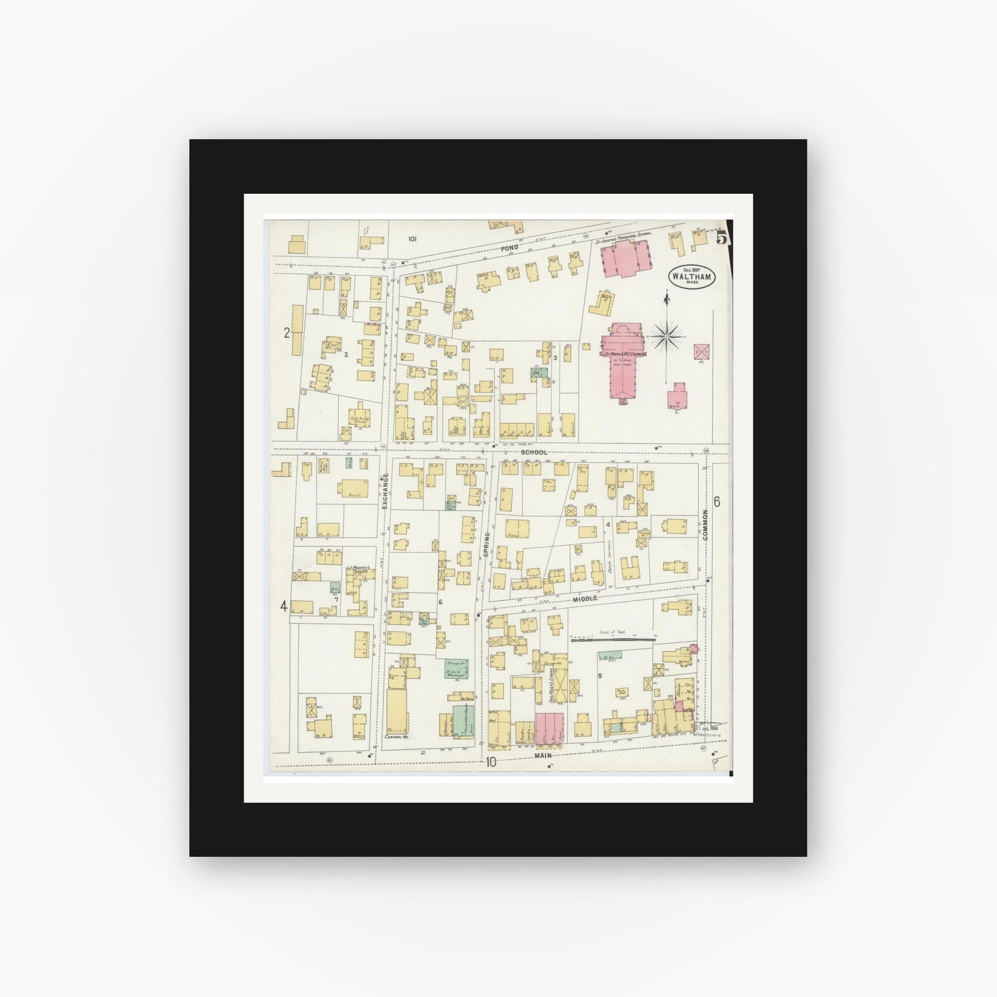 Old map wall art mockup — black gallery frame with white mat — Sanborn Fire Insurance Map from Waltham, Middlesex County, Massachusetts (1897), Sheet #0005