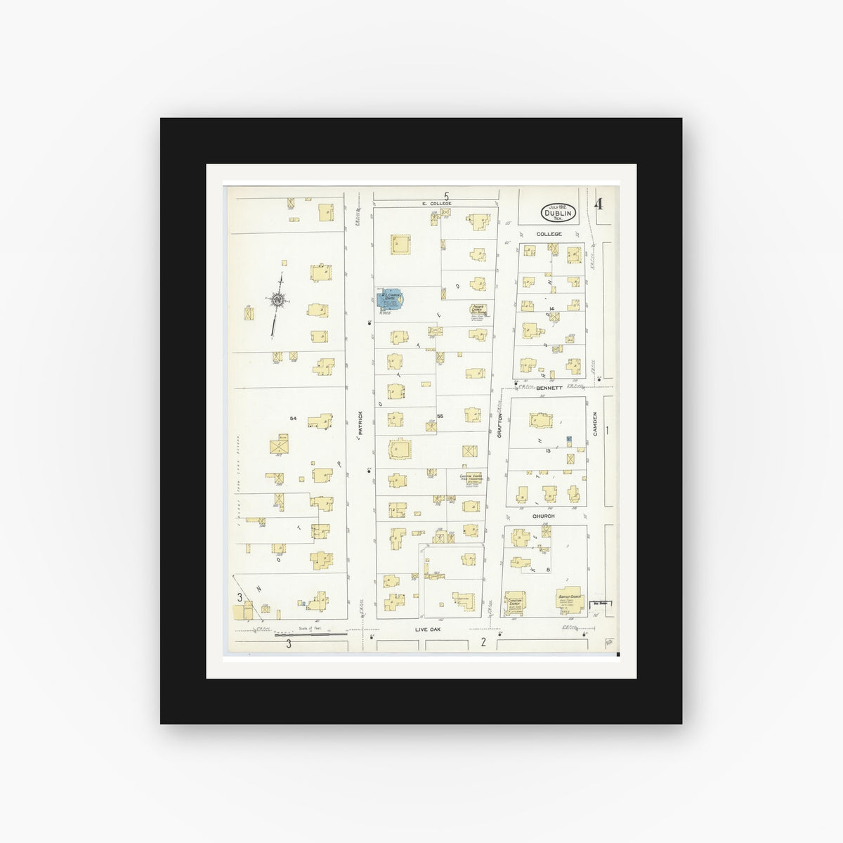 Old map wall art mockup — black gallery frame with white mat — Sanborn Fire Insurance Map from Dublin, Erath County, Texas (1912), Sheet #0004