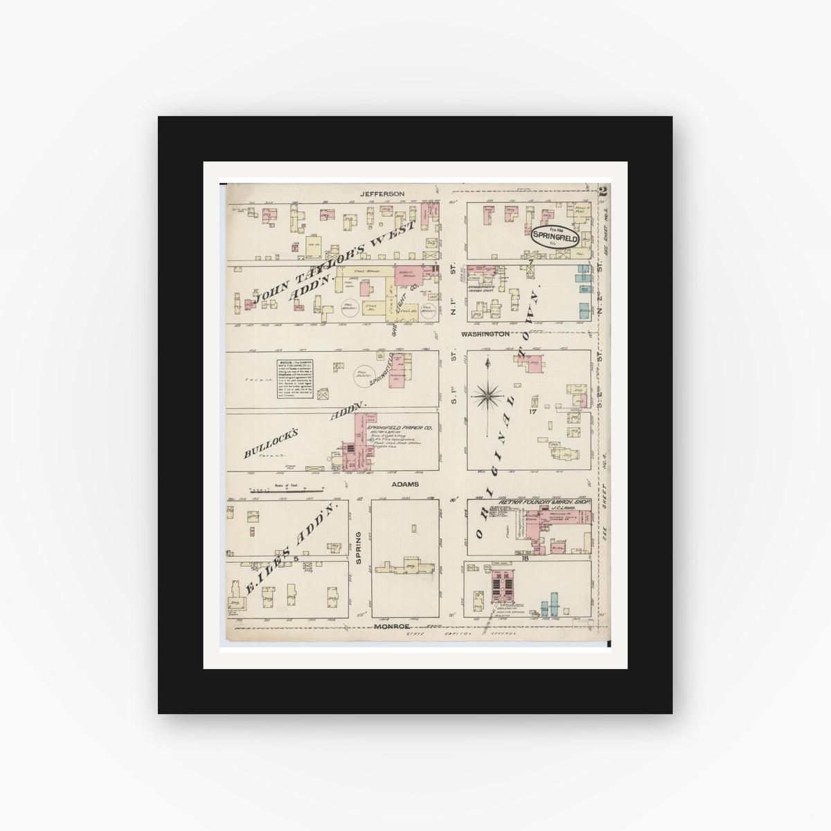Old map wall art mockup — black gallery frame with white mat — Sanborn Fire Insurance Map from Springfield, Sangamon County, Illinois (1884), Sheet #0002
