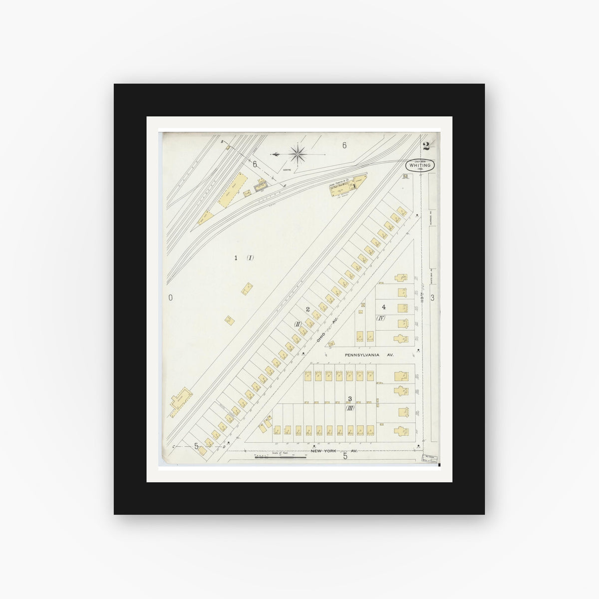 Old map wall art mockup — black gallery frame with white mat — Sanborn Fire Insurance Map from Whiting, Lake County, Indiana (1896), Sheet #0002