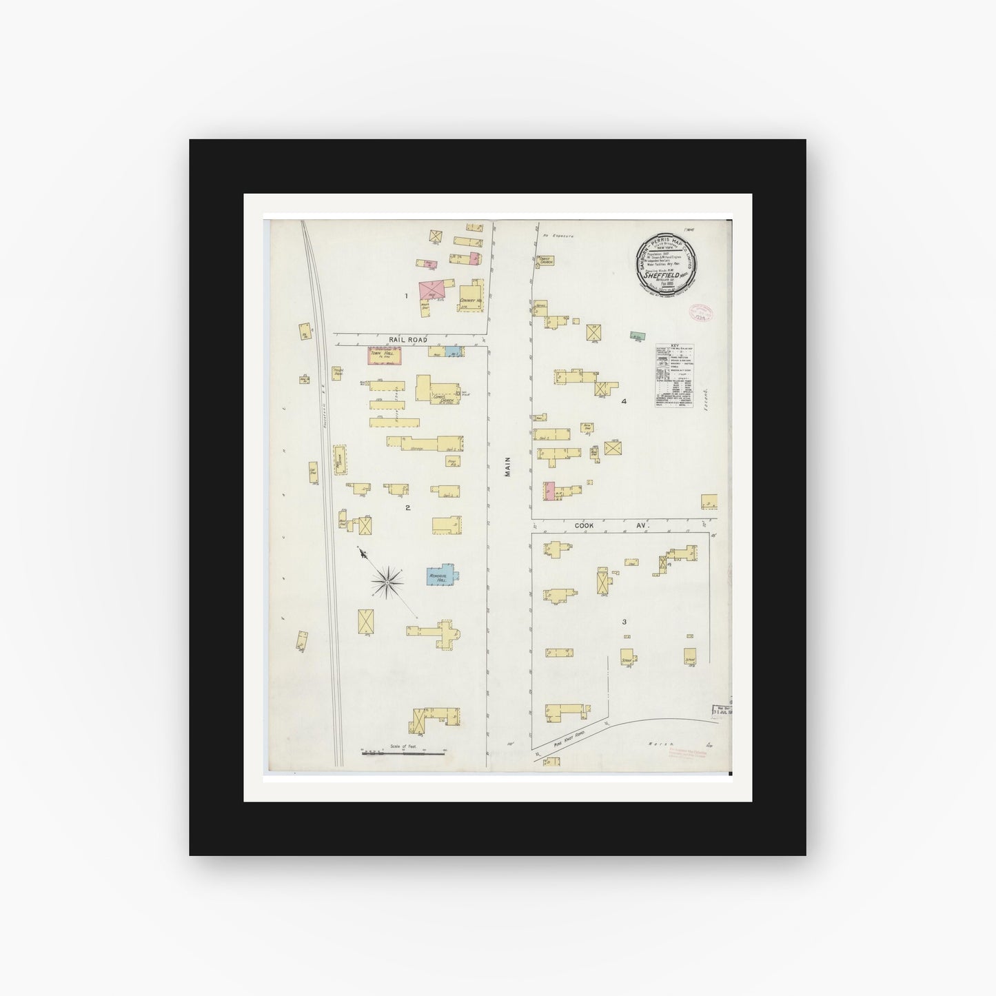 Old map wall art mockup — black gallery frame with white mat — Sanborn Fire Insurance Map from Sheffield, Berkshire County, Massachusetts (1895), Sheet #0001