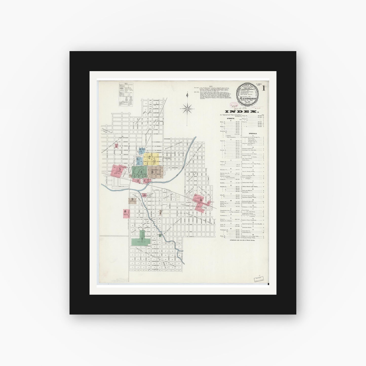Old map wall art mockup — black gallery frame with white mat — Sanborn Fire Insurance Map from Alexandria, Madison County, Indiana (1896), Sheet #0001