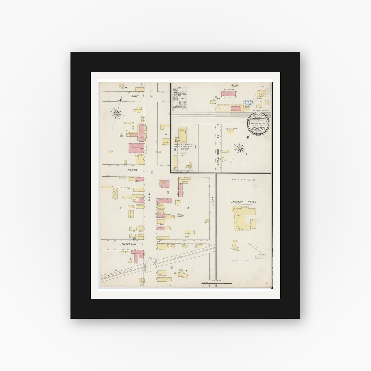 Old map wall art mockup — black gallery frame with white mat — Sanborn Fire Insurance Map from Marion, Mcdowell County, North Carolina (1894), Sheet #0001