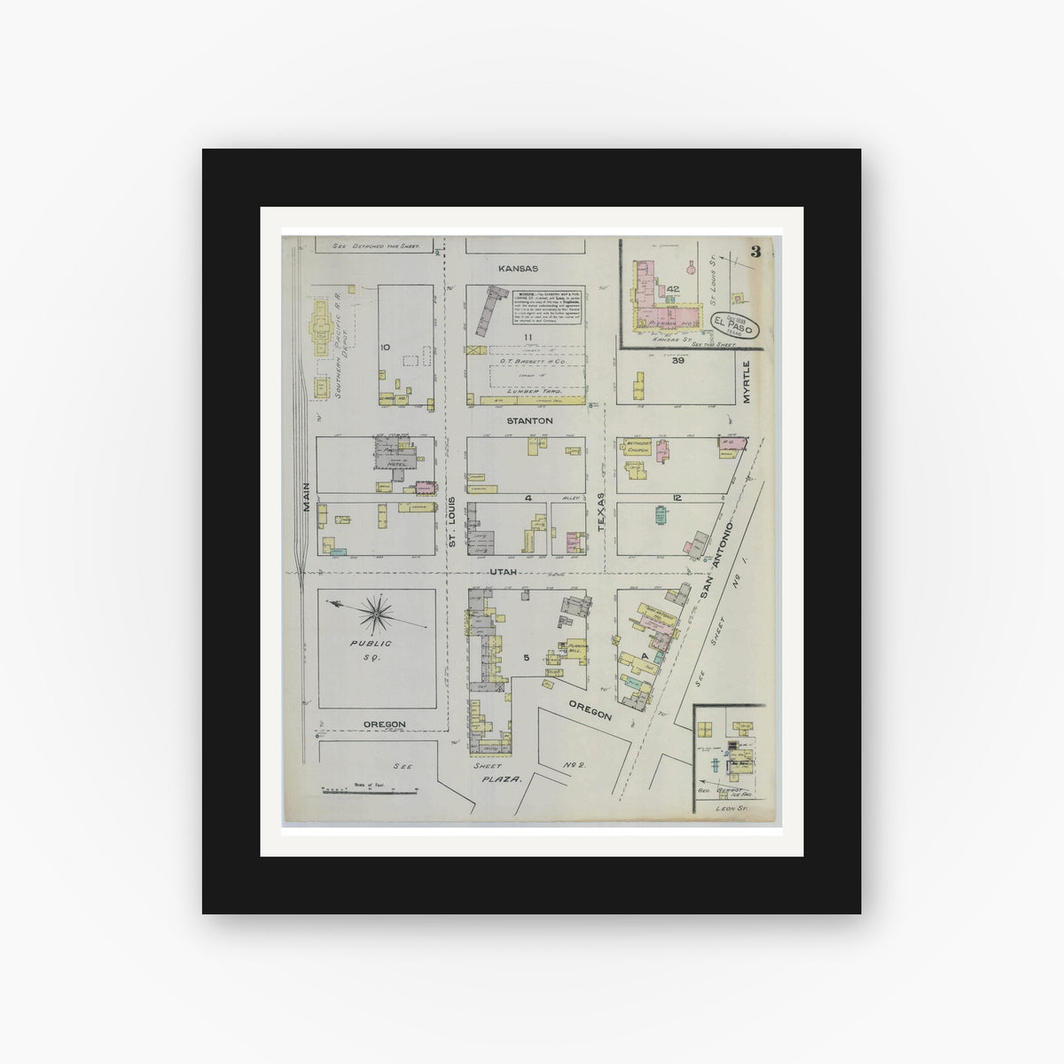 Old map wall art mockup — black gallery frame with white mat — Sanborn Fire Insurance Map from El Paso, El Paso County, Texas (1883), Sheet #0003