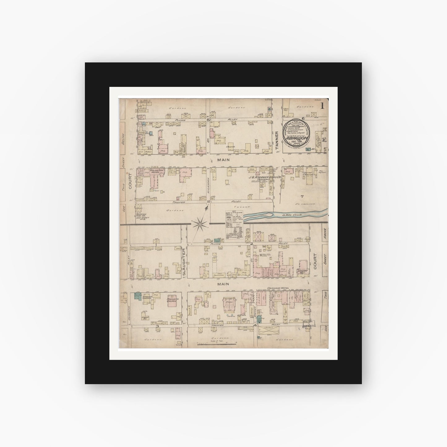 Old map wall art mockup — black gallery frame with white mat — Sanborn Fire Insurance Map from Abingdon, Washington County, Virginia (Unknown), Sheet #0001