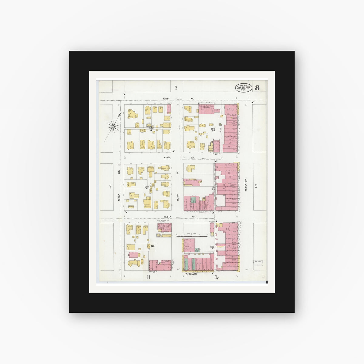 Old map wall art mockup — black gallery frame with white mat — Sanborn Fire Insurance Map from Corsicana, Navarro County, Texas (1905), Sheet #0008