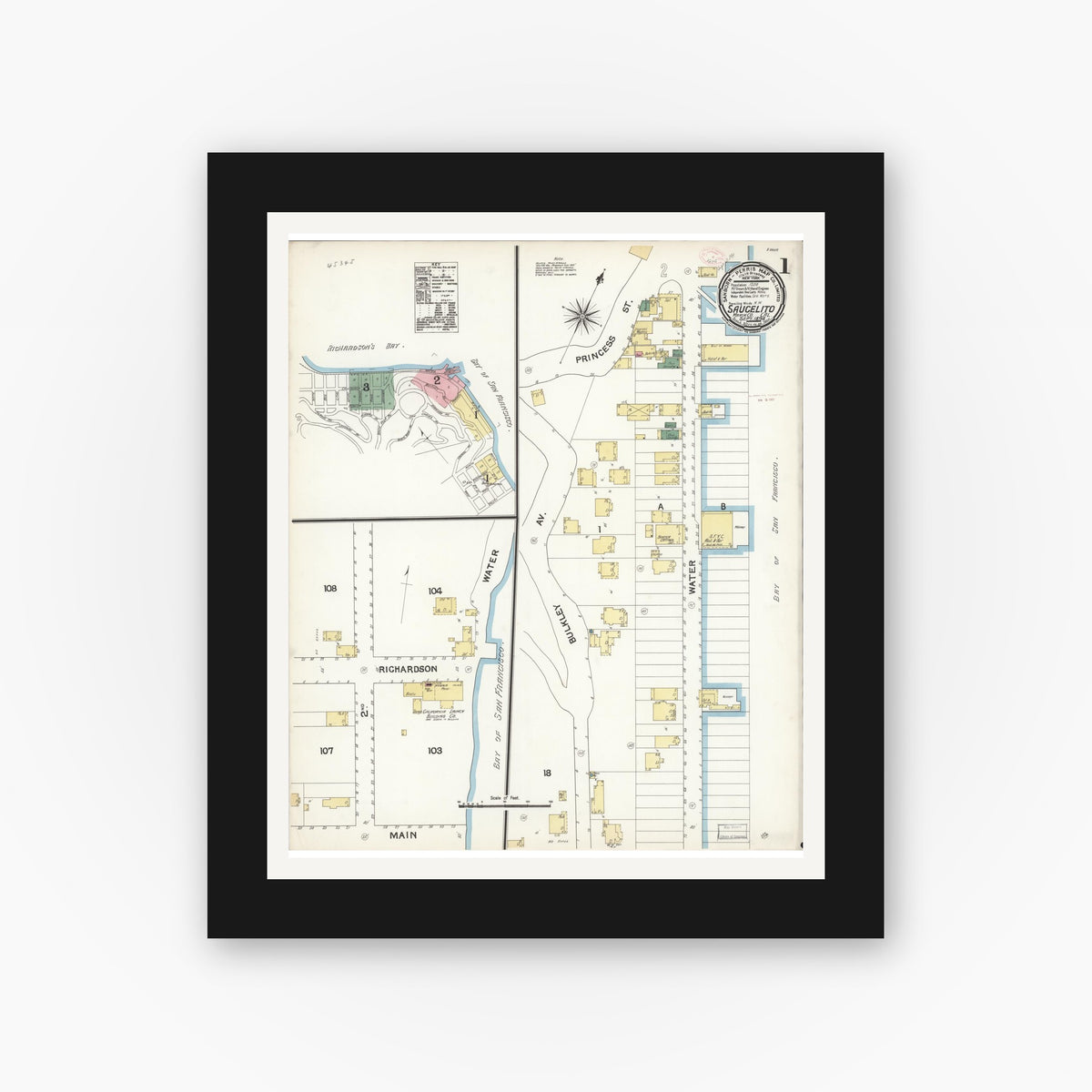 Old map wall art mockup — black gallery frame with white mat — Sanborn Fire Insurance Map from Sausalito, Marin County, California (1894) - Complete Map Set