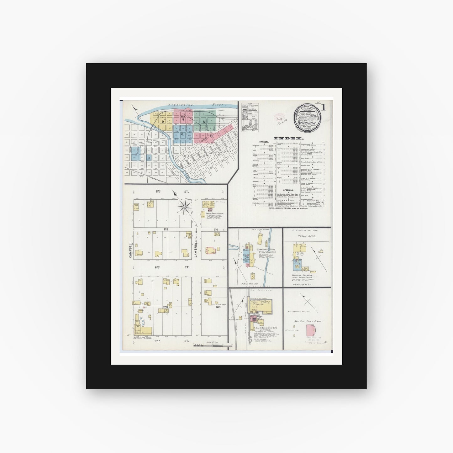 Old map wall art mockup — black gallery frame with white mat — Sanborn Fire Insurance Map from Wabasha, Wabasha County, Minnesota (1895), Sheet #0001