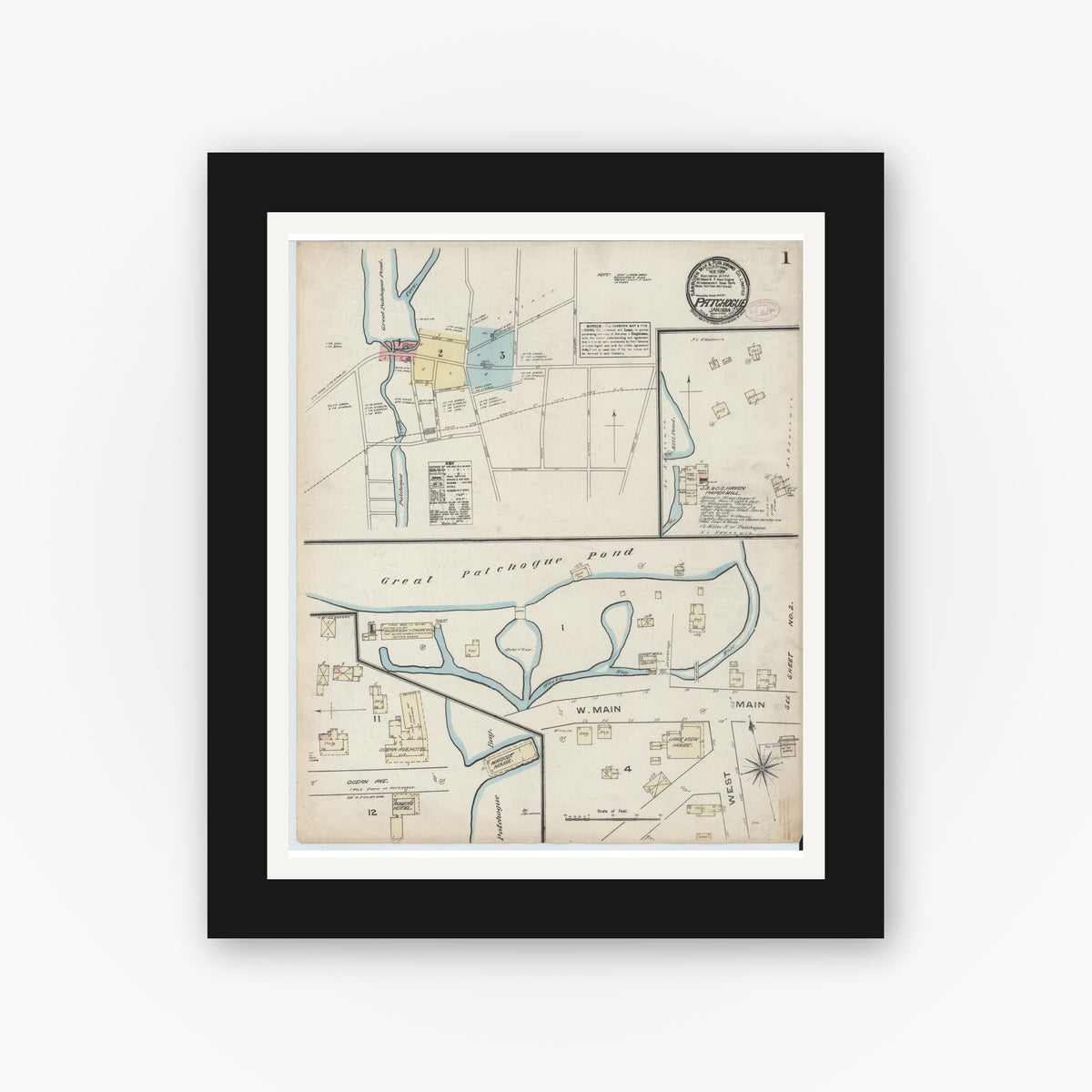 Old map wall art mockup — black gallery frame with white mat — Sanborn Fire Insurance Map from Patchogue, Suffolk County, New York (1884), Sheet #0001