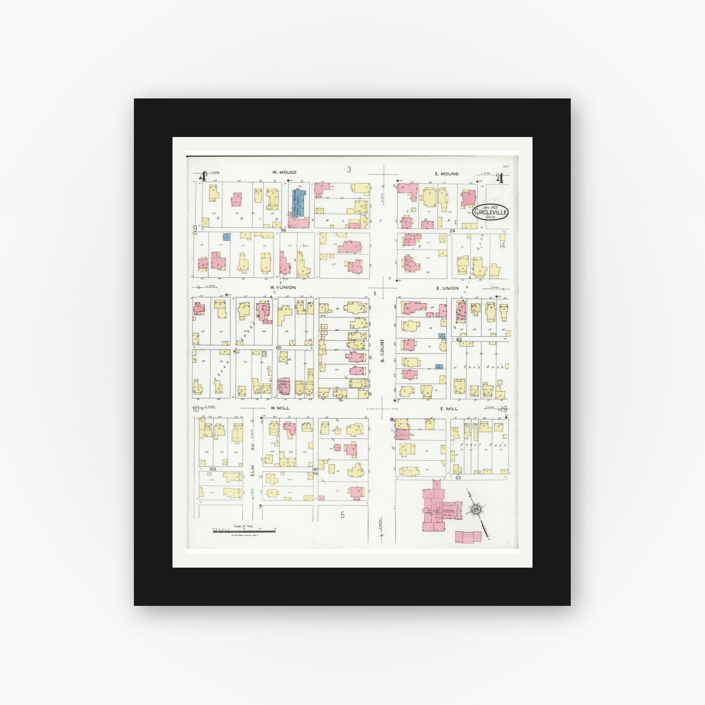 Old map wall art mockup — black gallery frame with white mat — Sanborn Fire Insurance Map from Circleville, Pickaway County, Ohio (1927), Sheet #0004