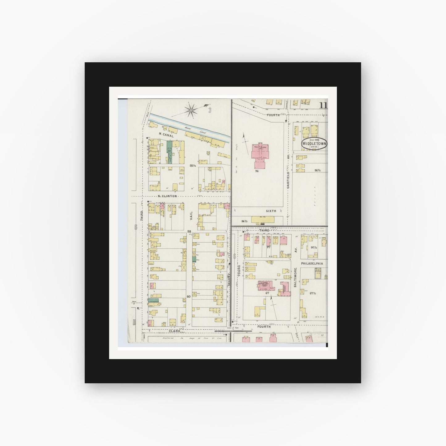 Old map wall art mockup — black gallery frame with white mat — Sanborn Fire Insurance Map from Middletown, Butler County, Ohio (1895), Sheet #0011