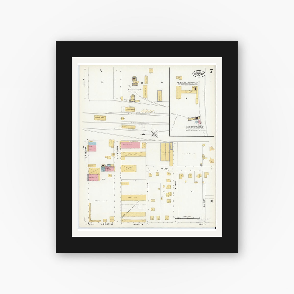 Old map wall art mockup — black gallery frame with white mat — Sanborn Fire Insurance Map from McKinney, Collin County, Texas (1908), Sheet #0007