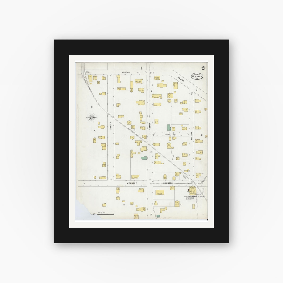 Old map wall art mockup — black gallery frame with white mat — Sanborn Fire Insurance Map from Ulysses, Potter County, Pennsylvania (1900), Sheet #0002