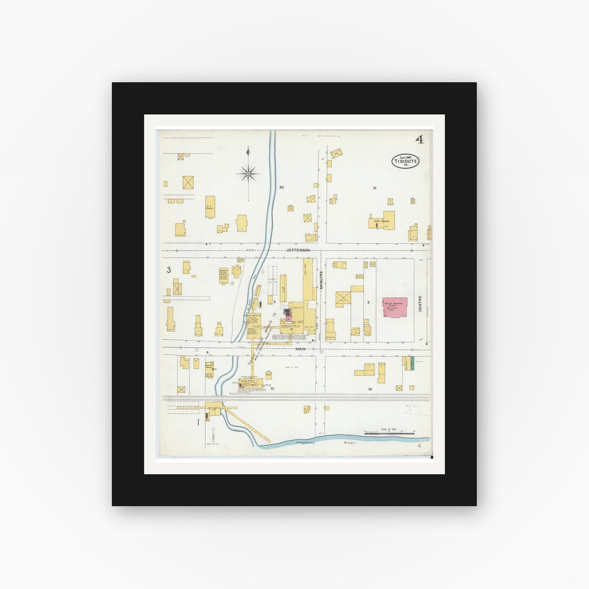 Old map wall art mockup — black gallery frame with white mat — Sanborn Fire Insurance Map from Tidioute, Warren County, Pennsylvania (1905), Sheet #0004