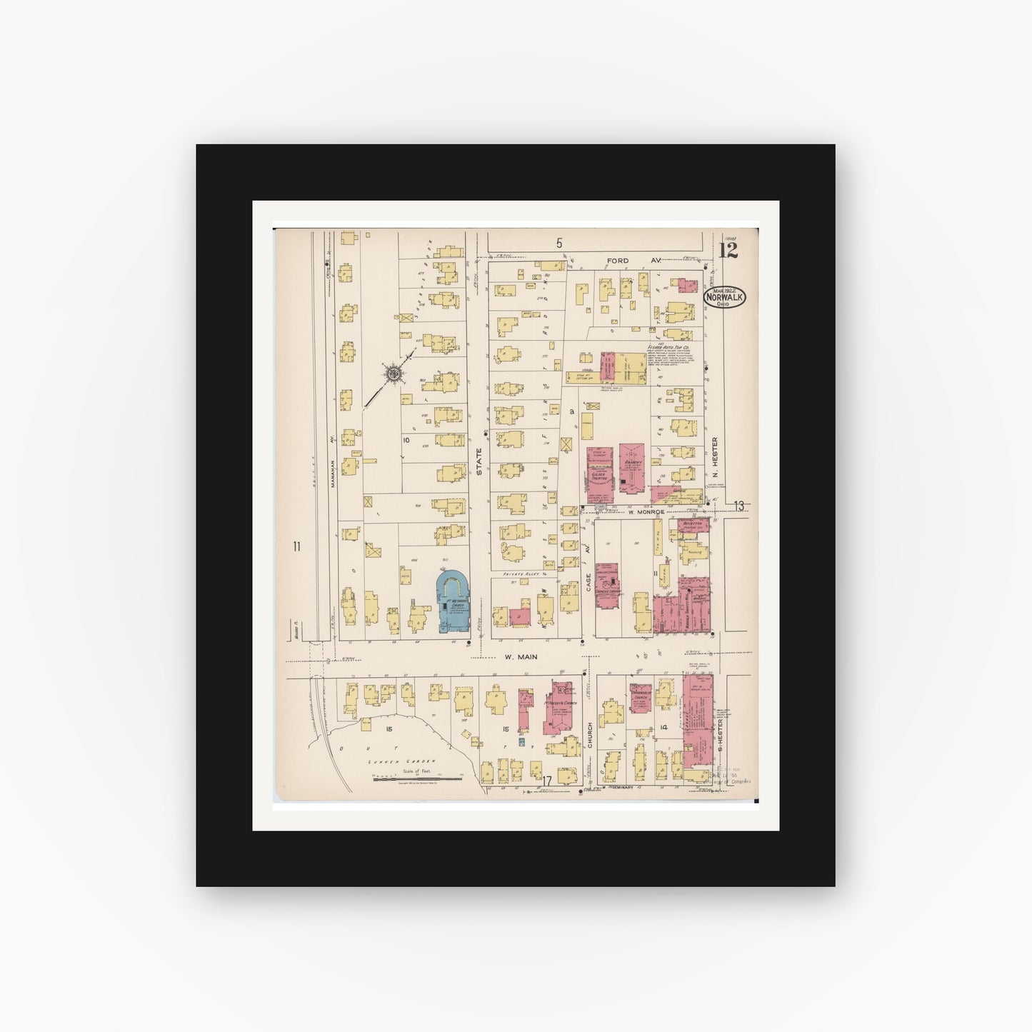 Old map wall art mockup — black gallery frame with white mat — Sanborn Fire Insurance Map from Norwalk, Huron County, Ohio (1922), Sheet #0012