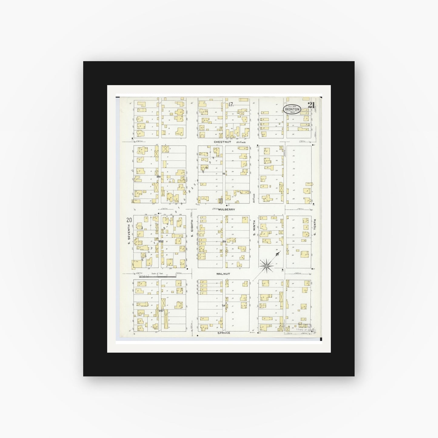 Old map wall art mockup — black gallery frame with white mat — Sanborn Fire Insurance Map from Ironton, Lawrence County, Ohio (1909), Sheet #0021