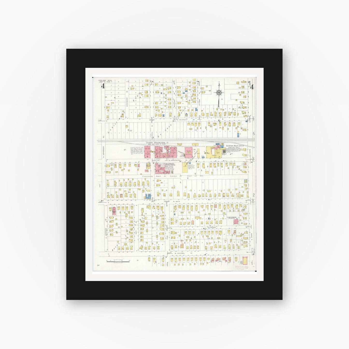 Old map wall art mockup — black gallery frame with white mat — Sanborn Fire Insurance Map from Zeeland, Ottawa County, Michigan (1934), Sheet #0004