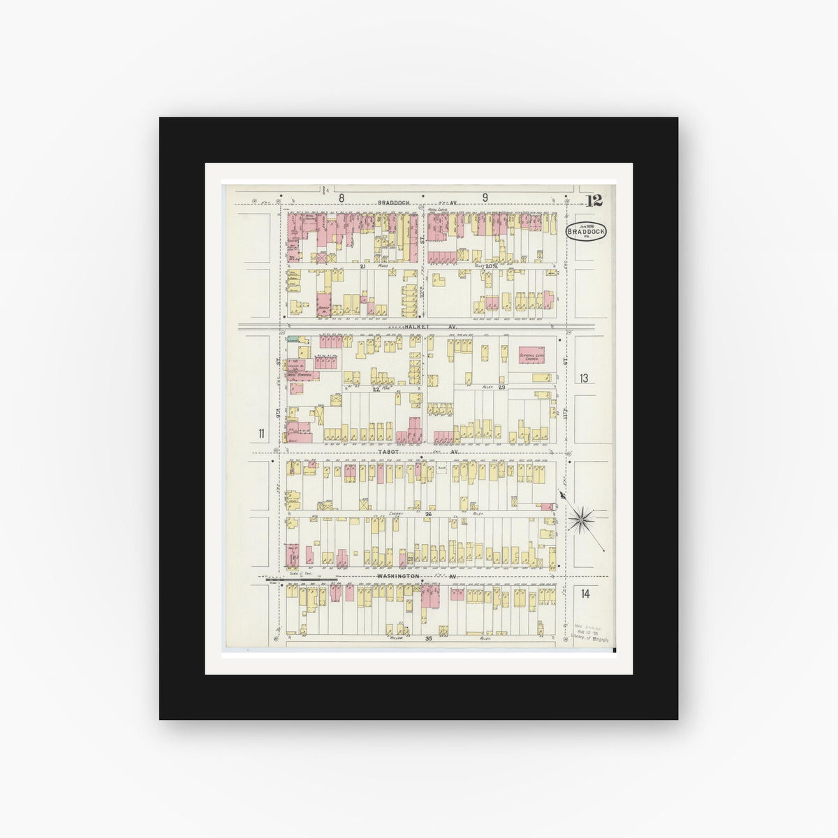Old map wall art mockup — black gallery frame with white mat — Sanborn Fire Insurance Map from Braddock, Allegheny County, Pennsylvania (1896), Sheet #0012