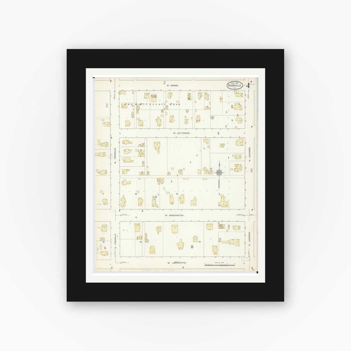 Old map wall art mockup — black gallery frame with white mat — Sanborn Fire Insurance Map from Rushville, Schuyler County, Illinois (1913), Sheet #0004