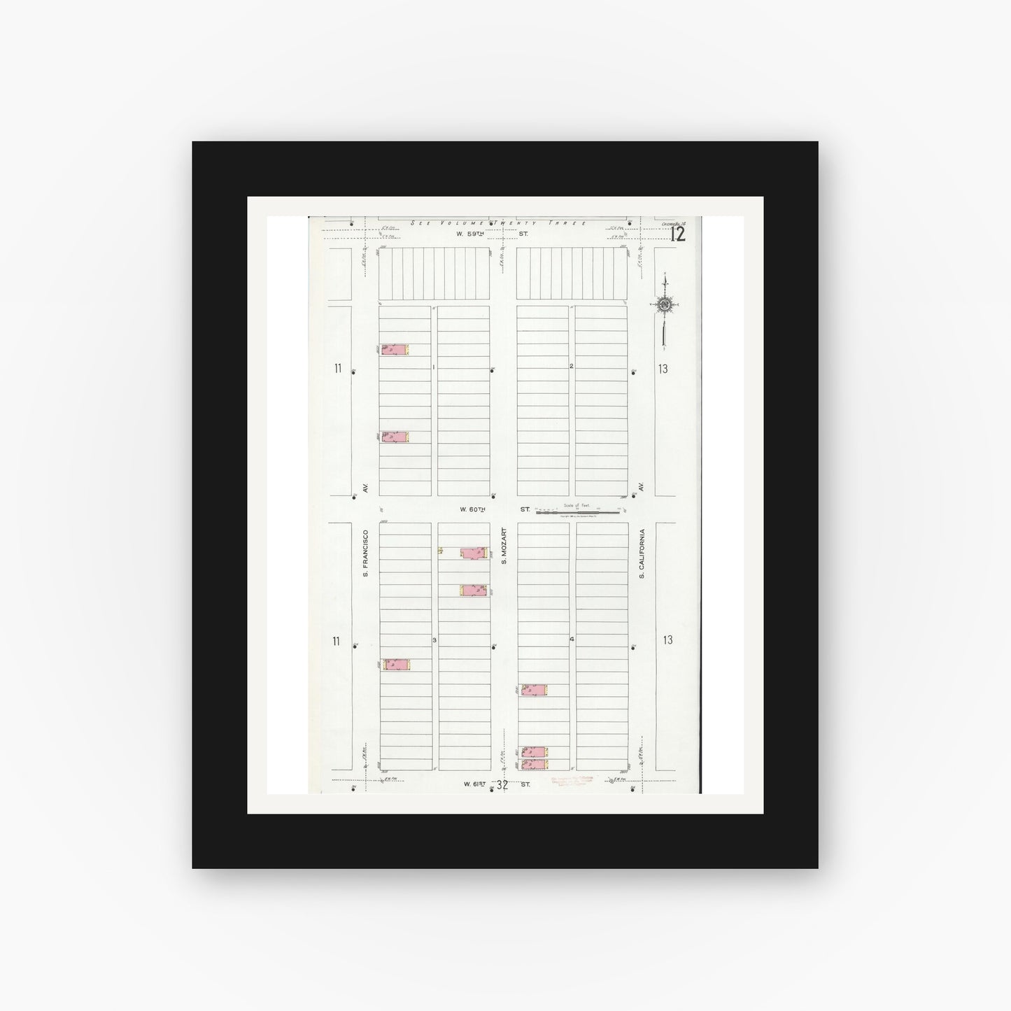 Old map wall art mockup — black gallery frame with white mat — Sanborn Fire Insurance Map from Chicago, Cook County, Illinois (1920), Sheet #0012