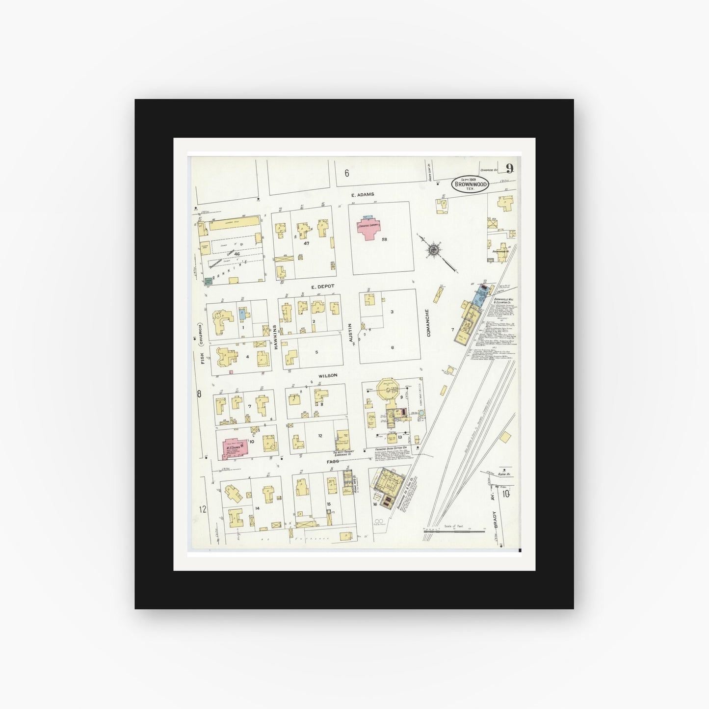 Old map wall art mockup — black gallery frame with white mat — Sanborn Fire Insurance Map from Brownwood, Brown County, Texas (1909), Sheet #0009