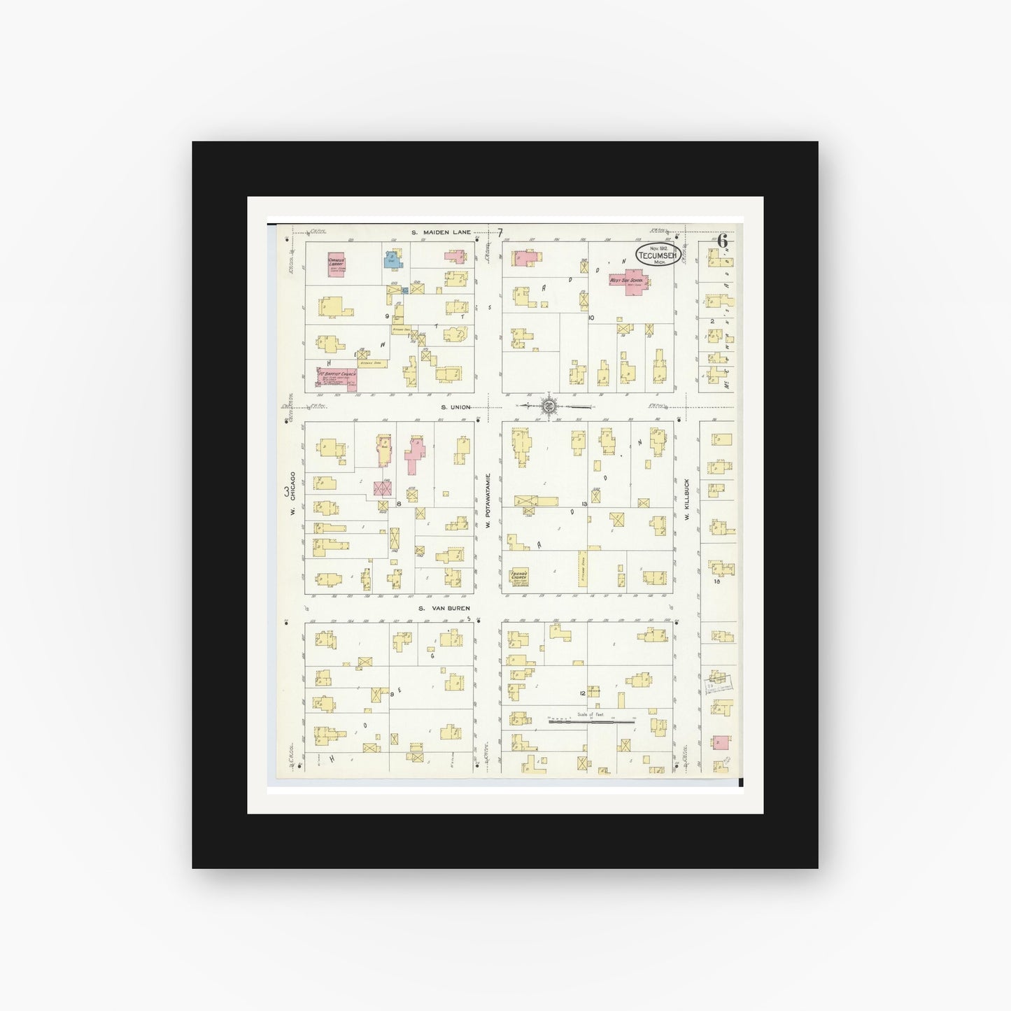 Old map wall art mockup — black gallery frame with white mat — Sanborn Fire Insurance Map from Tecumseh, Lenawee County, Michigan (1912), Sheet #0006