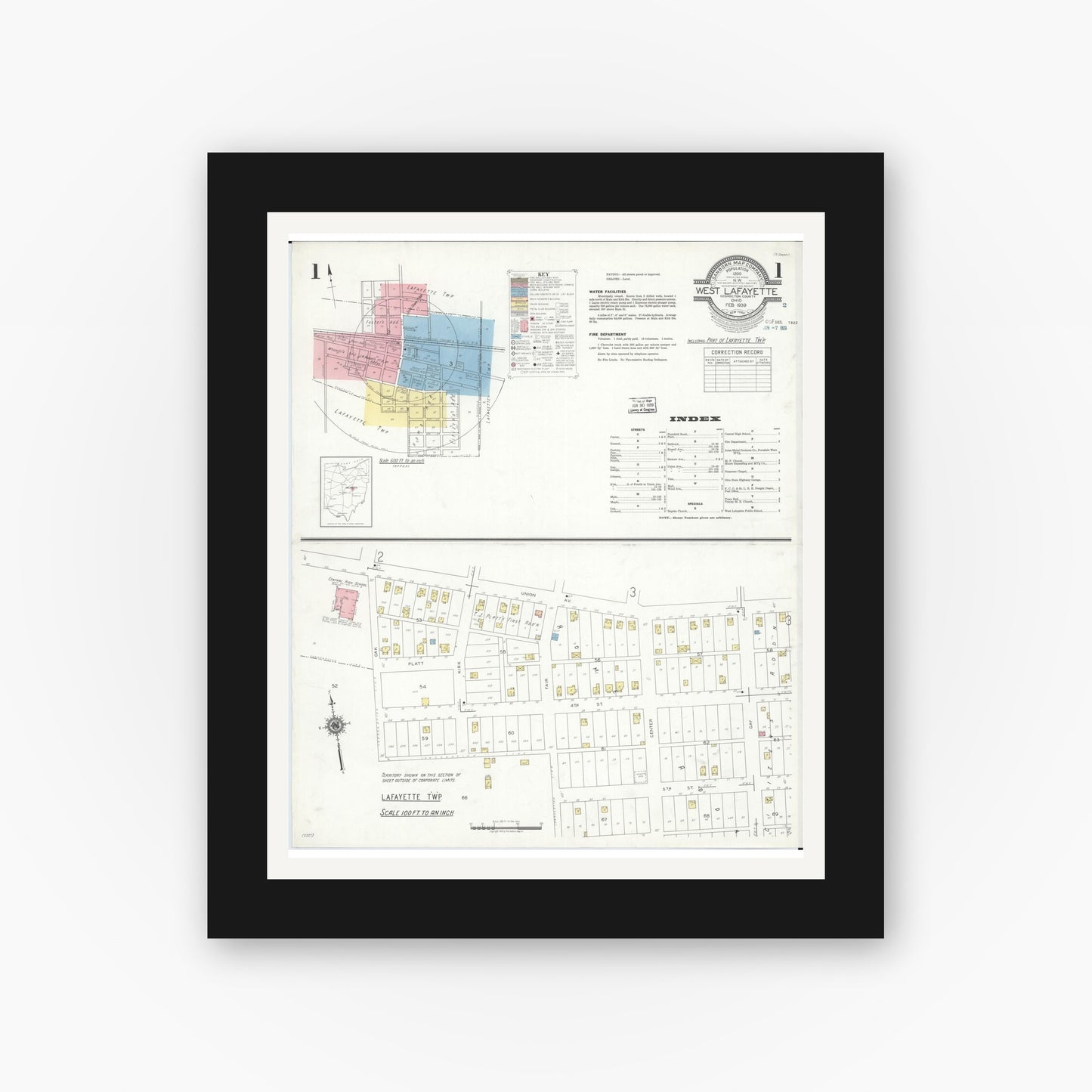 Old map wall art mockup — black gallery frame with white mat — Sanborn Fire Insurance Map from West Lafayette, Coshocton County, Ohio (1939), Sheet #0001